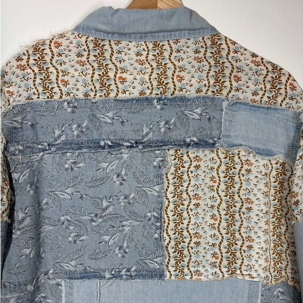 POL Patchwork Exposed Seam Button Up Top Chambray Floral Long Sleeve Boho Sz S - Picture 10 of 14